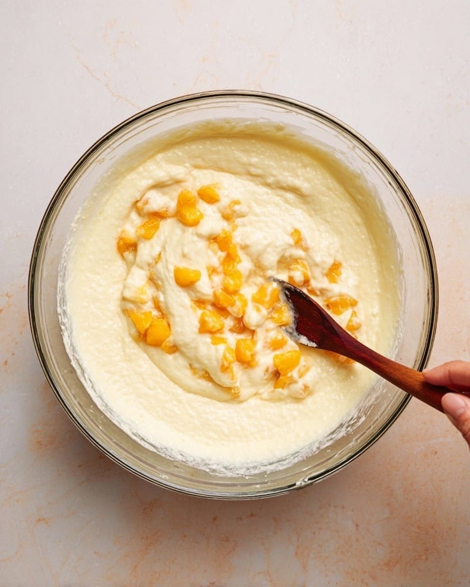 A clear glass bowl is filled with a thick, creamy pale yellow batter with a smooth texture. On top and mixed in are small bright orange fruit pieces scattered across the batter. A wooden spoon with a dark handle rests in the bowl, partly inside the batter. The bowl sits on a white marbled surface, and a woman's hand is seen holding the bowl steady from the side. photo taken with an iphone --ar 4:5 --v 7