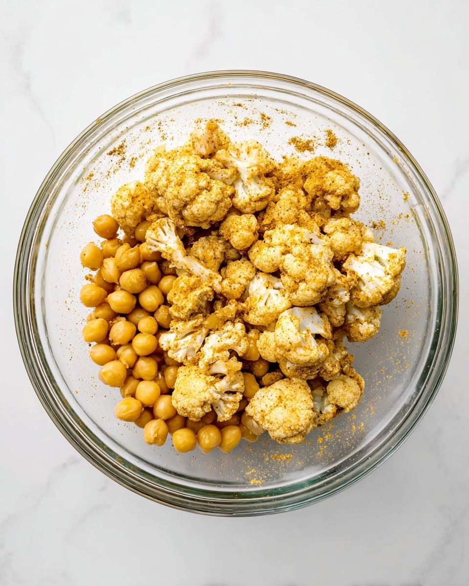 A clear glass bowl holds two layers of food on a white marbled surface. The bottom layer is round chickpeas, small and golden brown in color. The top layer consists of white cauliflower pieces covered in a light brown spice mix, showing a slightly rough texture. Some spice is scattered on the sides of the bowl, blending with the colors of the chickpeas and cauliflower. The lighting is bright and soft, highlighting the textures and colors of the ingredients, photo taken with an iphone --ar 4:5 --v 7