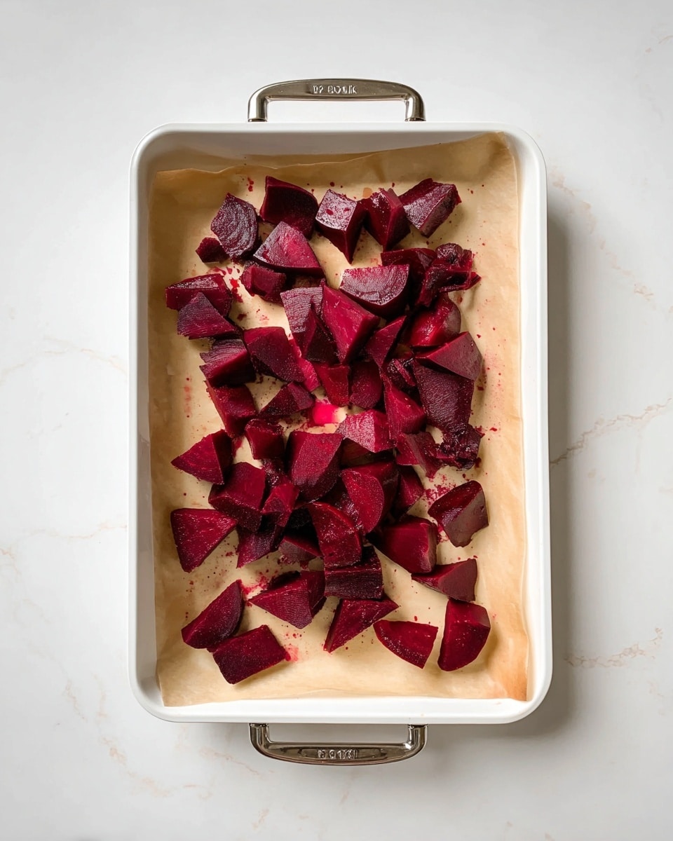 A white rectangular pan lined with beige parchment paper holds rough cut deep red beet pieces scattered evenly inside. The beet pieces vary in shape, including cubes and wedges, showcasing dark red to almost purple hues with slightly shiny surfaces. The pan has metallic handles visible at the top and bottom edges. The pan rests on a white marbled surface. photo taken with an iphone --ar 4:5 --v 7