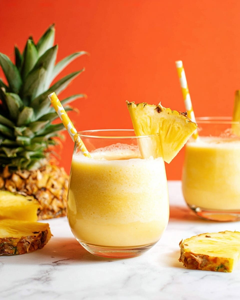 Two clear round glasses hold a light yellow creamy drink with a smooth texture and some froth on top. Each glass has a piece of pineapple with a yellow flesh and rough brown skin placed on the rim and a yellow and white striped straw standing inside. In the background, there is a half pineapple with green spiky leaves and yellow flesh on a white marbled surface, adding a fresh look. The overall feeling is bright and tropical with a plain orange background. photo taken with an iphone --ar 4:5 --v 7