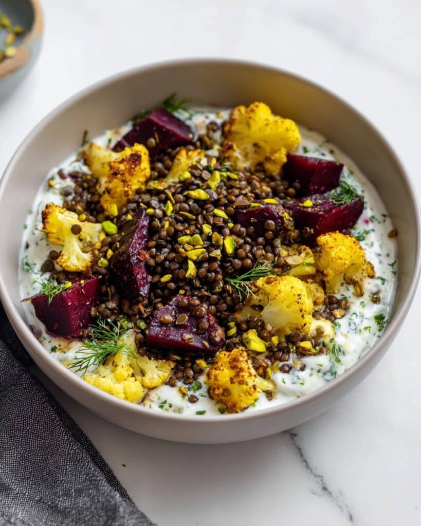 Roasted Cauliflower Bowl with Tzatziki & Crispy Lentils Recipe