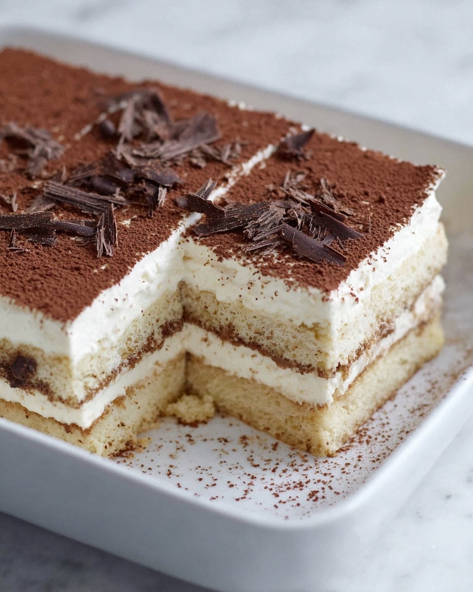 The image shows a close-up of a square dessert in a white dish on a white marbled surface. The dessert has three visible layers: the bottom layer is a light beige cake with a soft and crumbly texture, the middle layer is white creamy filling, the next layer above is another light beige cake, followed by a thick layer of white cream. The very top is dusted with fine dark brown cocoa powder and small, thin dark chocolate shavings scattered evenly. One square piece is slightly separated, showing the layers clearly. Photo taken with an iphone --ar 4:5 --v 7