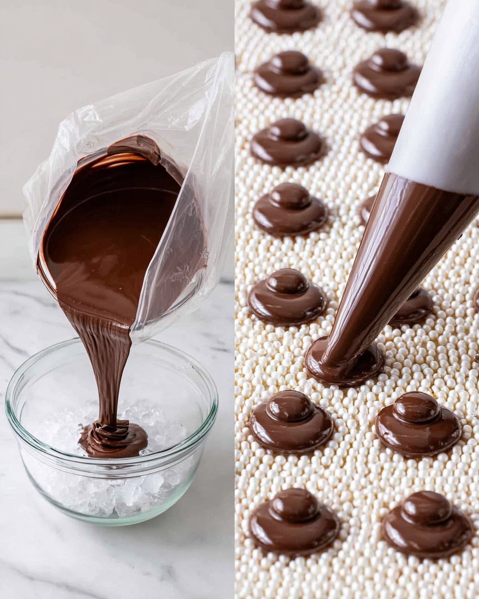 The image on the left shows thick, smooth dark brown chocolate being poured from a clear glass bowl into a plastic zip-lock bag held open by a clear glass measuring cup filled with ice, all placed on a white marbled surface. The image on the right shows a close-up of a cone-shaped plastic piping bag with dark brown melted chocolate being used to pipe small round drops of chocolate onto a textured white surface covered with tiny white beads, arranged in neat rows. Photo taken with an iphone --ar 4:5 --v 7