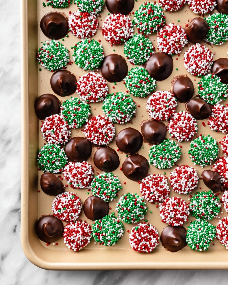 The image shows a baking tray filled with small, round candies. Each candy has a flat bottom and is covered with tiny round sprinkles in red, green, and white colors. Among these candies, some have a smooth, dark chocolate top layer that forms a small peak in the center. The tray is light beige, and the background has a white marbled texture. photo taken with an iphone --ar 4:5 --v 7