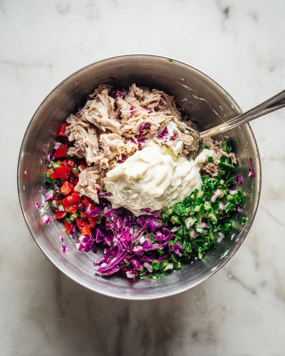 A metallic mixing bowl on a white marbled surface holds a mix of ingredients. At the bottom, there are small pieces of red, green, and purple chopped vegetables that look fresh and bright. On top of these vegetables, there is a large portion of light beige shredded meat. Next to the meat, a dollop of thick, creamy white sauce sits, partially mixed in. A metal spoon with a shiny handle rests inside the bowl, partly covered by the meat and sauce. The overall look is fresh and ready for mixing photo taken with an iphone --ar 4:5 --v 7