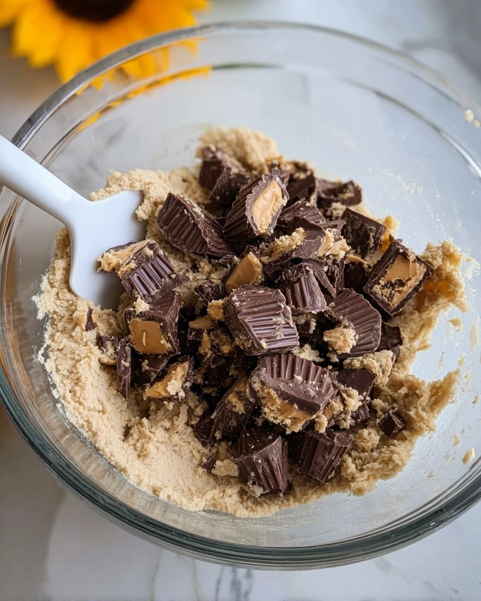 A clear glass bowl contains a thick, pale beige dough with a grainy texture as the bottom layer. On top of the dough are numerous pieces of chocolate peanut butter cups, chopped into irregular chunks showing dark brown chocolate and light tan peanut butter filling with a slightly shiny surface. A white spatula is partially inserted into the dough on the left side of the bowl. The scene is set on a white marbled surface with part of a yellow sunflower blurred in the background. Photo taken with an iphone --ar 4:5 --v 7