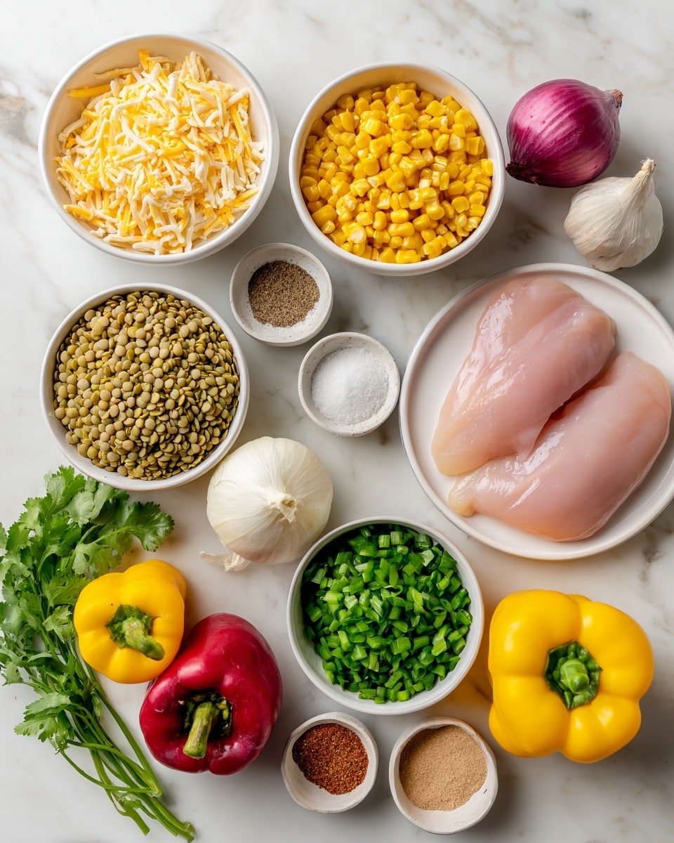 The image shows several ingredients neatly arranged on a white marbled surface. There are six white bowls: one with pale yellow chicken broth, one with a mix of shredded yellow and white tex mex cheese, one filled with bright yellow corn kernels, one with light green lentils, one small bowl with chopped fresh green cilantro, and one with green diced chilies. Other ingredients include a whole white onion, a yellow bell pepper and a red bell pepper side by side, two raw pink chicken breasts on a white plate, a bulb of white garlic, and small dishes with brown taco seasoning, light brown cumin, pink salt, and black pepper. The colors contrast vividly with the white marbled background, making each ingredient stand out clearly. Photo taken with an iphone --ar 4:5 --v 7