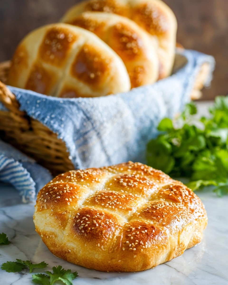 The image shows a round, golden brown bread with a slightly shiny surface and sprinkled with toasted sesame seeds on top. The bread has a quilted pattern made of nine square indentations on the upper surface. In the background, there is a white basket lined with a blue and white cloth holding several more pieces of the same bread stacked upright, showing their soft, fluffy texture. To the side, fresh green cilantro leaves add a touch of color, all placed on a white marbled surface. Photo taken with an iphone --ar 4:5 --v 7