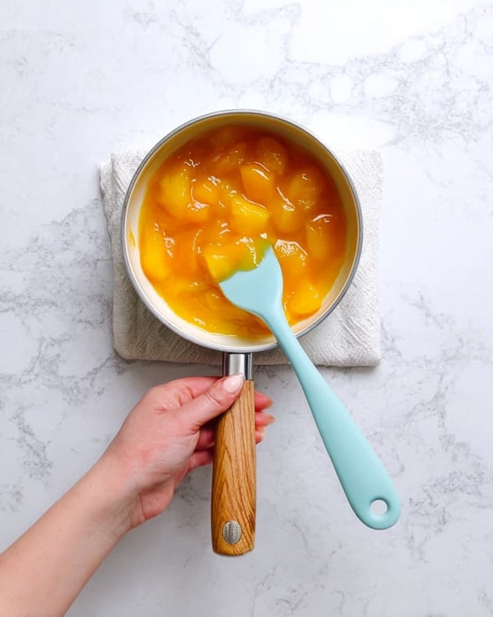 A woman’s hand is holding a small pan with a wooden handle and light blue body, filled with a shiny, thick orange-yellow mixture that looks like cooked fruit or jam. A light blue spatula is resting inside the pan, slightly lifting the soft, glossy fruit pieces that have a translucent texture. The pan sits on a white cloth on a white marbled surface with subtle grey veins. The photo taken with an iphone --ar 4:5 --v 7