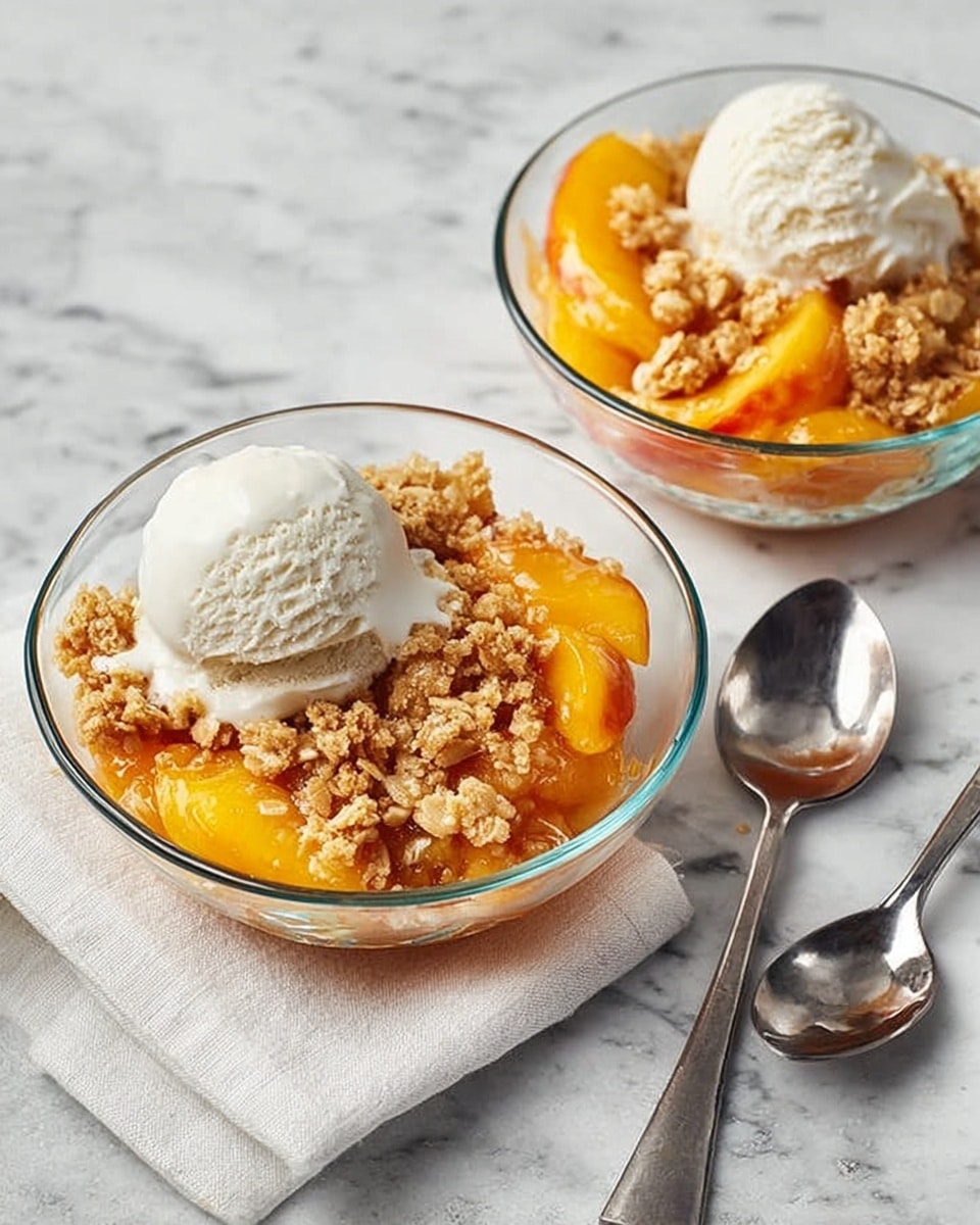 Two clear glass bowls are placed on a white marbled surface, both filled with a dessert that has three layers. The bottom layer is made of soft, bright orange peach slices. On top of the peaches, there is a crunchy light brown oat crumble layer with a rough texture. One bowl has a scoop of smooth, creamy white ice cream placed on one side over the crumble. A white cloth napkin is under the left bowl, and two shiny silver spoons lie next to the right bowl. Photo taken with an iphone --ar 4:5 --v 7