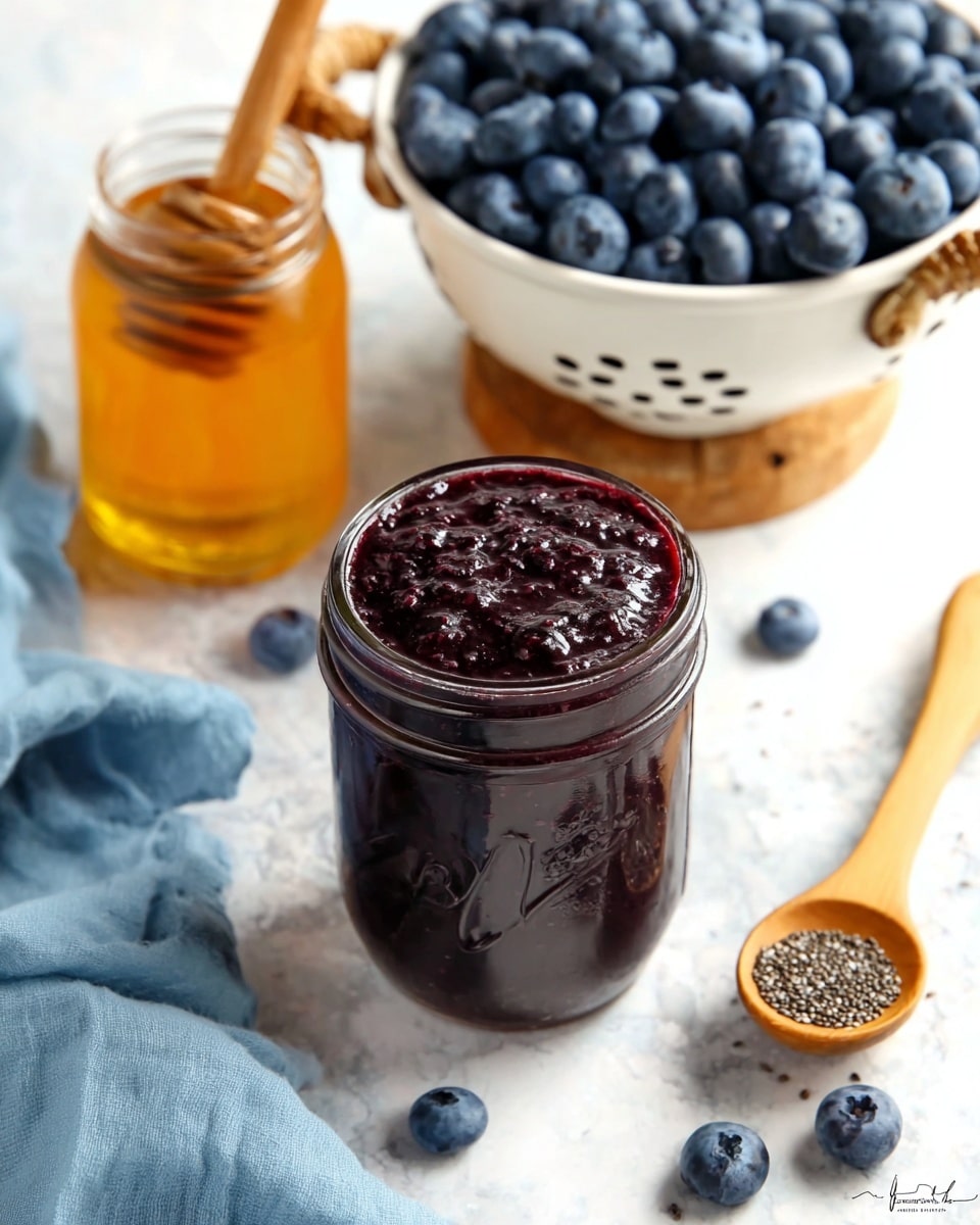 A clear mason jar is filled to the top with thick, dark purple blueberry jam that has a glossy, slightly lumpy texture. Around the jar, fresh blueberries with a deep blue color and a few with a slight shine are scattered on a white marbled surface. Behind the jar, there is a white colander filled with many plump blueberries, and next to it is a small glass jar of golden honey with a wooden honey dipper resting inside. A wooden spoon with small black and white chia seeds is placed near the jar, and a soft blue cloth lies under the colander and honey jar, adding a gentle touch to the scene. Photo taken with an iphone --ar 4:5 --v 7