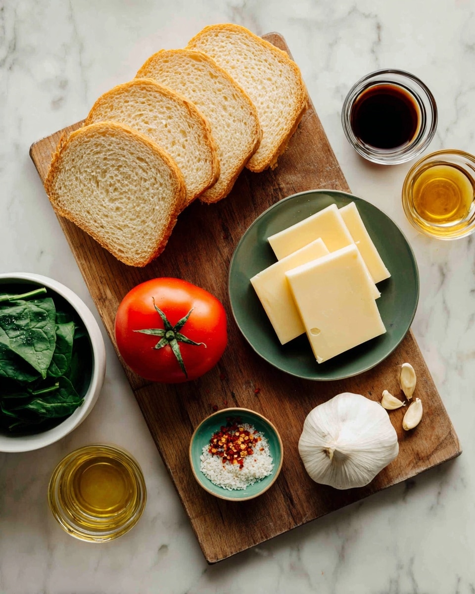 The image shows ingredients arranged neatly on a wooden cutting board on a white marbled surface. On the left side, there are four slices of light brown bread stacked next to a green bowl filled with several slices of pale yellow cheese. In the center, there is a single bright red tomato with a green stem on top. Below the tomato, a small green dish holds a mix of white salt and red chili flakes. To the right of the dish, there is a whole white garlic bulb with two peeled cloves beside it. Next to the garlic, a small clear glass cup contains a dark liquid, and above it, another small yellow glass cup holds a golden liquid. In the bottom left corner, part of a white bowl filled with dark green spinach leaves is visible. Photo taken with an iphone --ar 4:5 --v 7