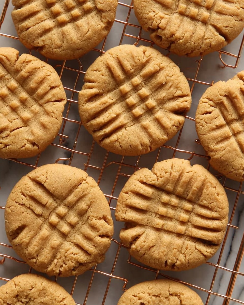 A close-up view of nine round, golden-brown peanut butter cookies with a soft, crumbly texture. Each cookie has two sets of fork-pressed lines forming a crisscross pattern on top, giving a slight indentation. The cookies are arranged closely together on a copper cooling rack. The background is a white marbled texture. Photo taken with an iphone --ar 4:5 --v 7