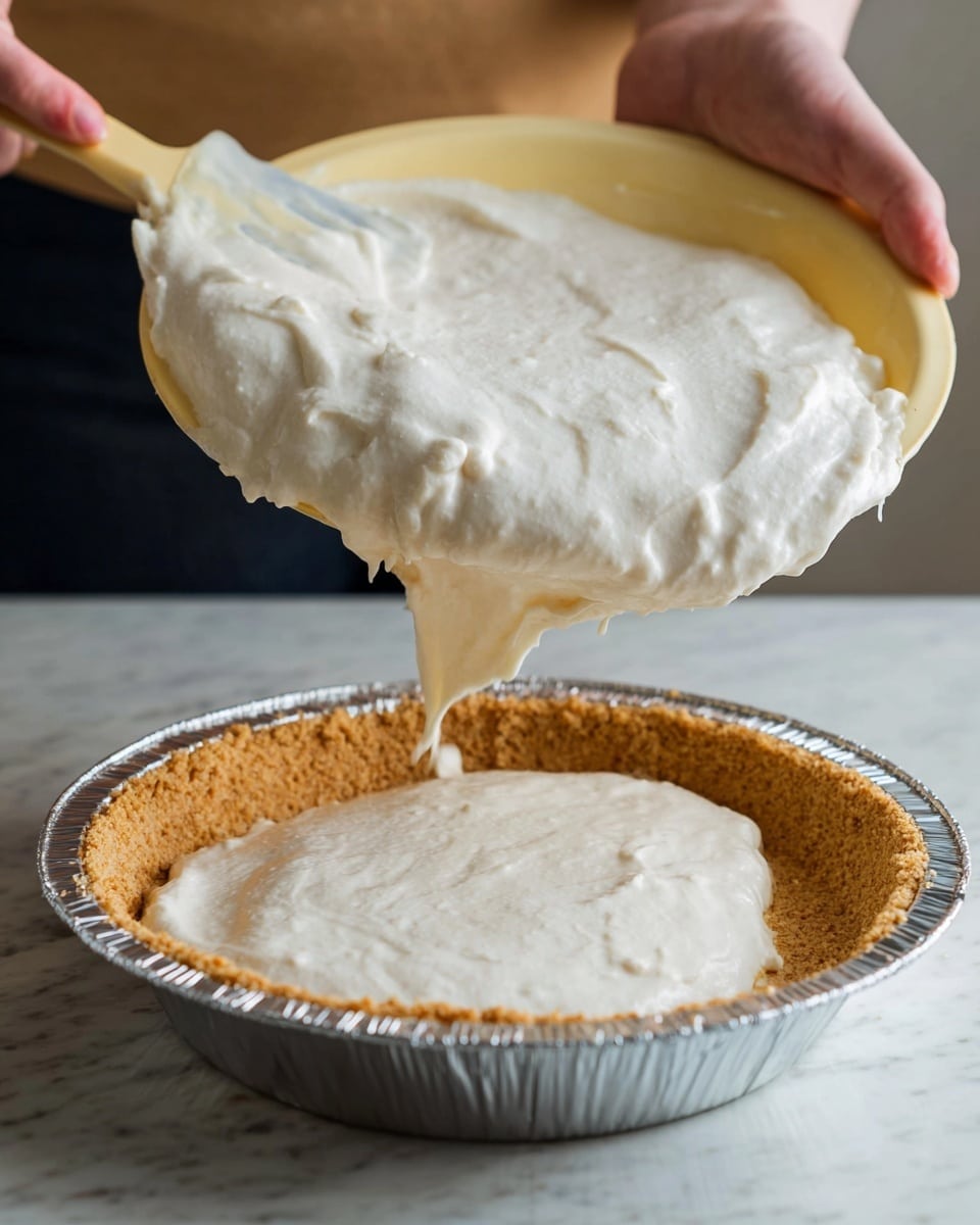 A thick, white creamy filling with a slightly chunky texture is being scraped from a silver mixing bowl into a single golden brown crumb crust base in a foil pie pan. The filling is dense and spreads unevenly, with some parts dripping slowly. A woman's hand holds a light tan spatula as the creamy mixture moves from the bowl into the crust. The scene is set on a white marbled surface, with the background slightly blurred, focusing attention on the pie preparation. photo taken with an iphone --ar 4:5 --v 7