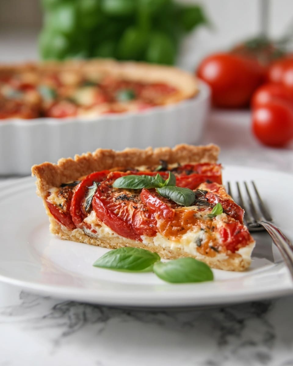 A single slice of tomato tart sits on a white plate with a silver fork beside it. The tart slice has a golden brown, slightly bumpy crust forming the base and edges. On top, there are thick layers of red tomato slices mixed with melted cheese that has browned and bubbled, showing creamy white and light brown shades. Green basil leaves are placed on top and around the slice, adding a fresh look. In the background, a white round tart pan holds the rest of the tomato tart, slightly blurred. The surface underneath is a white marbled texture. photo taken with an iphone --ar 4:5 --v 7