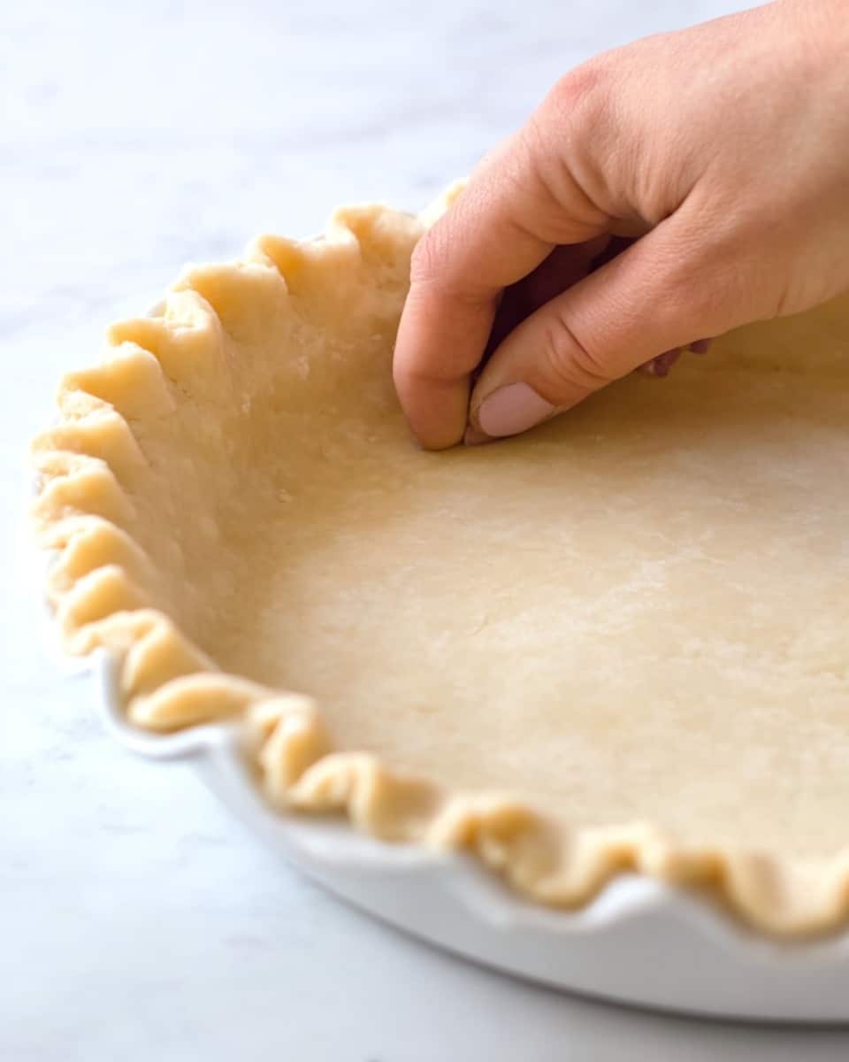 A close-up image shows a woman's hand gently pinching and shaping the edge of a light beige pie crust placed inside a white pie dish. The crust has a smooth texture with some slight unevenness, and the edges are crimped in a wavy pattern around the entire dish. The background is a white marbled texture, adding a clean and soft contrast to the pie crust’s creamy color. photo taken with an iphone --ar 4:5 --v 7