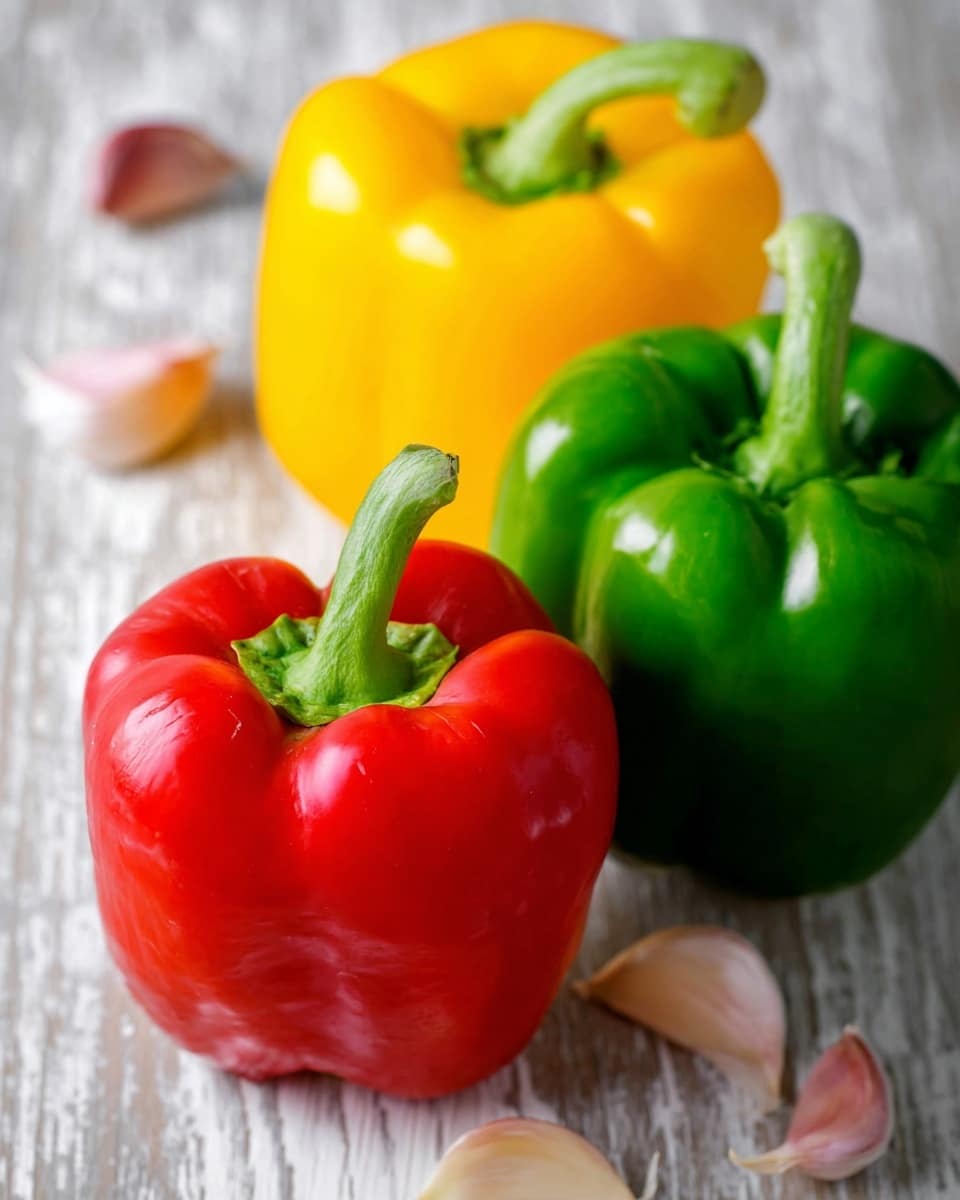 The image shows three whole bell peppers placed closely together on a white marbled surface with a wooden texture effect. The front layer is a red bell pepper with a smooth, shiny surface and a green stem pointing diagonally to the right. Behind it to the left is a bright yellow bell pepper with a green stem pointing slightly downward. Behind and to the right of the yellow pepper is a rich green bell pepper with a green stem facing upward. Scattered around the peppers are several cloves of garlic with a light purplish-white outer skin. The overall texture contrasts the smooth, glossy peppers with the rough, dry garlic and wooden surface. Photo taken with an iphone --ar 4:5 --v 7