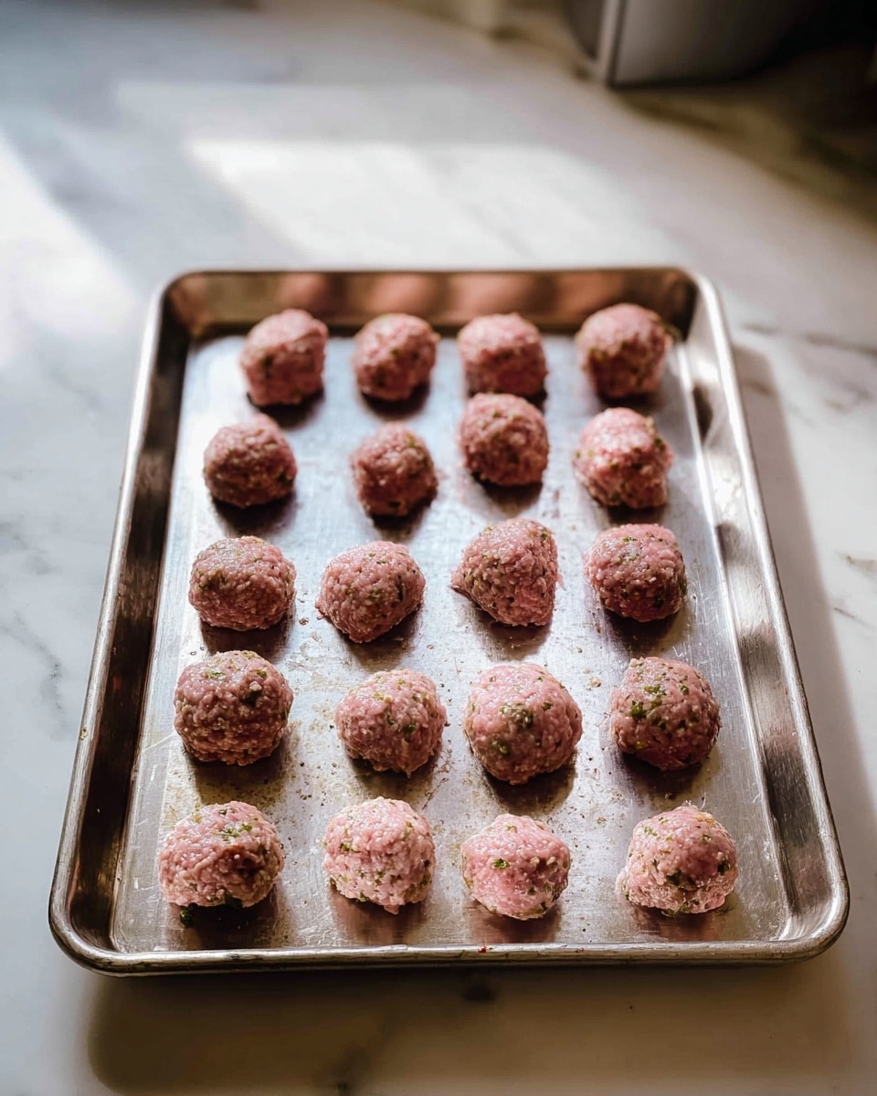 There is a metal baking tray with 16 raw round meatballs spread out evenly in four rows, each meatball has a rough, slightly pink texture with small bits of herbs or spices mixed in. The tray is placed on a white marbled surface with soft natural light coming from the right, casting gentle shadows behind the meatballs. Photo taken with an iphone --ar 4:5 --v 7
