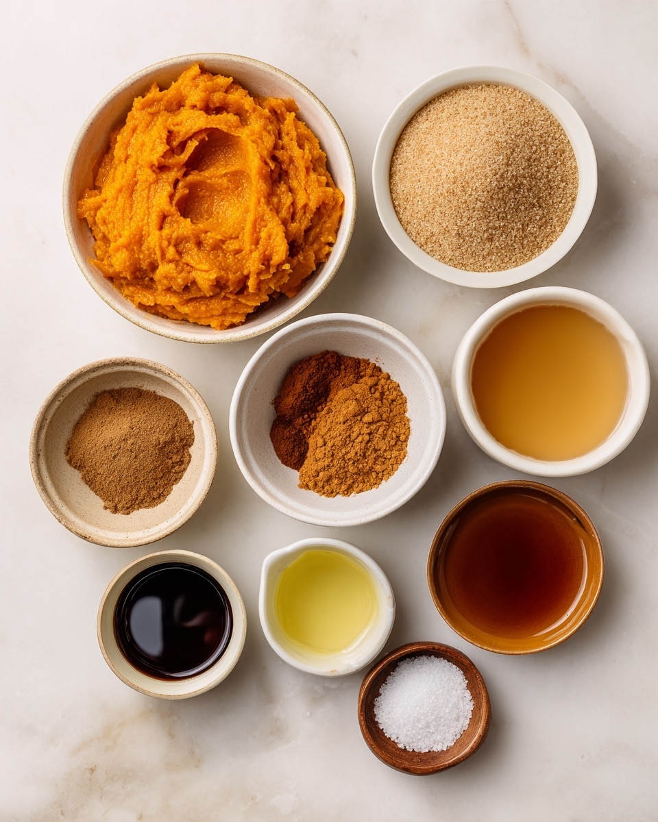 The image shows nine small white bowls arranged on a white marbled surface. The largest bowl at the top left contains bright orange pumpkin puree with a thick, slightly textured surface. To its right is a medium white bowl filled with light brown, grainy brown sugar. Below these, from left to right, are smaller bowls: a white bowl with a mix of brown spices labeled pumpkin pie spice, a deeper orange-brown bowl with smooth maple syrup, and a light yellow-orange bowl holding apple cider. At the bottom, three tiny bowls hold lemon juice in a clear liquid, dark amber vanilla extract, and white salt in a small brown bowl. Each bowl has its ingredient clearly visible, with different textures and tones contrasting against the white marbled surface. Photo taken with an iphone --ar 4:5 --v 7