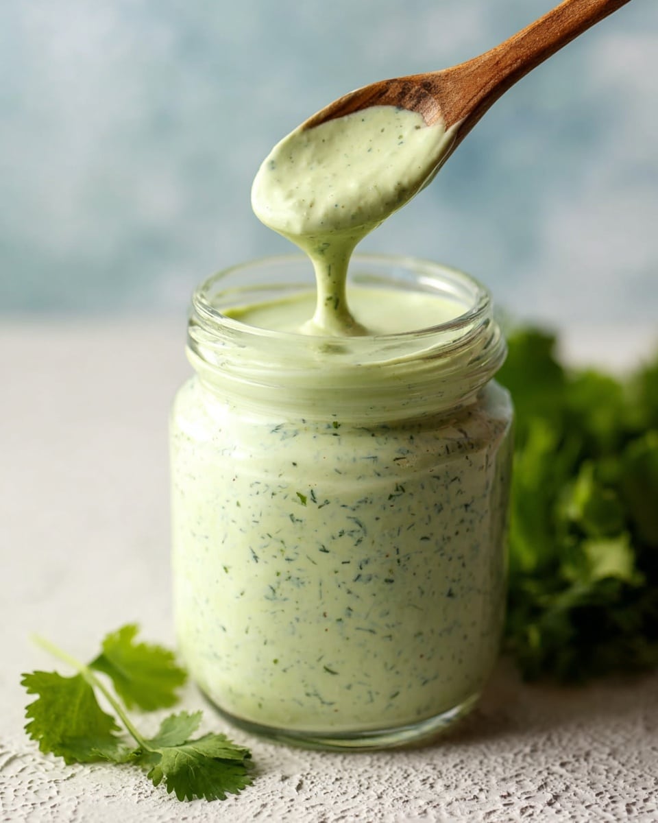 A clear glass jar filled with a thick, pale green sauce that has small darker green and black specks throughout. A wooden spoon is lifting some sauce from the jar, showing its creamy and smooth texture. The jar is placed on a light-colored textured surface with a few fresh green cilantro leaves lying nearby. The background is softly blurred, showing soft blue and white tones. photo taken with an iphone --ar 4:5 --v 7