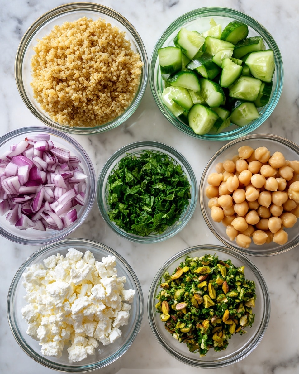 A white bowl on a white marbled surface filled with six visible layers of ingredients arranged side by side: chopped light green cucumbers, chopped dark green fresh herbs, chopped red onions with white parts, chopped bright green herbs, crumbled white cheese, and chopped green spices. In the center, chopped pistachios add a brownish-green texture. A glass container held by a woman's hand is pouring a creamy light beige dressing over the top. The photo is bright and clear. Photo taken with an iphone --ar 4:5 --v 7