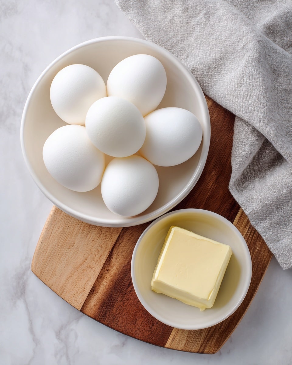 The image shows a top view of two white round bowls placed on a wooden board with a light gray cloth draped in the upper right corner. The larger bowl is filled with six smooth white eggs arranged neatly, while the smaller bowl has a single square piece of pale yellow butter positioned in the center. The wooden board and cloth rest on a white marbled surface, creating a clean and simple kitchen setting. photo taken with an iphone --ar 4:5 --v 7