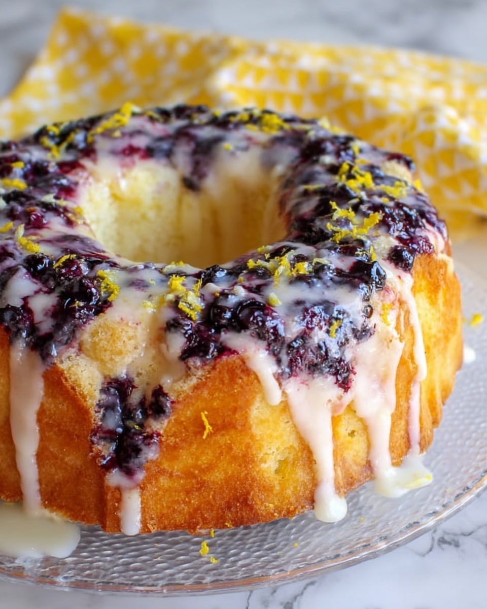 A ring-shaped cake with a golden-yellow outer layer topped with a thick, uneven layer of dark purple berries mixed into the soft, cream-colored dough. A creamy white glaze runs down from the top, creating small streaks on the sides. Small bits of bright yellow zest are sprinkled on top, adding a pop of color. The cake sits on a clear glass plate, placed on a white marbled surface with a yellow and white dotted cloth in the background. Photo taken with an iphone --ar 4:5 --v 7