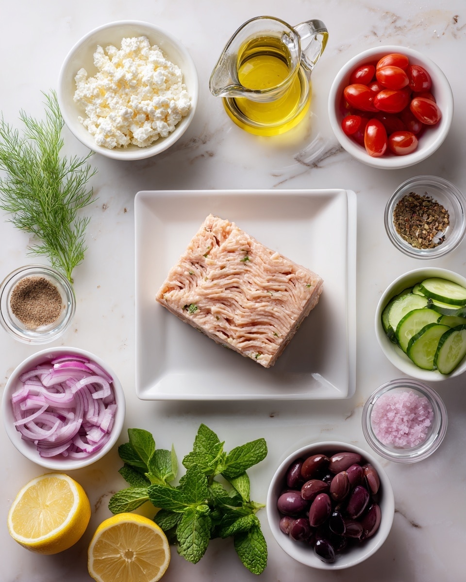 A white square plate in the center holds a rectangular block of pale pink ground chicken with wavy lines on top, surrounded by small white bowls arranged in a circle on a white marbled surface. From the top left, there is a bowl of crumbly white feta cheese, next to a small bowl of minced garlic, a glass container of golden oil with a handle, a small pile of green dill sprigs, a little bowl with crushed black pepper, and a bowl with pink salt crystals. Below, small bowls hold chopped red onions, dark purple olives, and round green cucumber slices. There is a bowl of bright red halved cherry tomatoes near the top center and a small bowl of light brown Greek seasoning beside the feta. Fresh green mint leaves are placed toward the lower left, and two lemon halves sit at the bottom on the white marble. The scene is bright and clean, with all bowls white and neatly arranged. Photo taken with an iphone --ar 4:5 --v 7