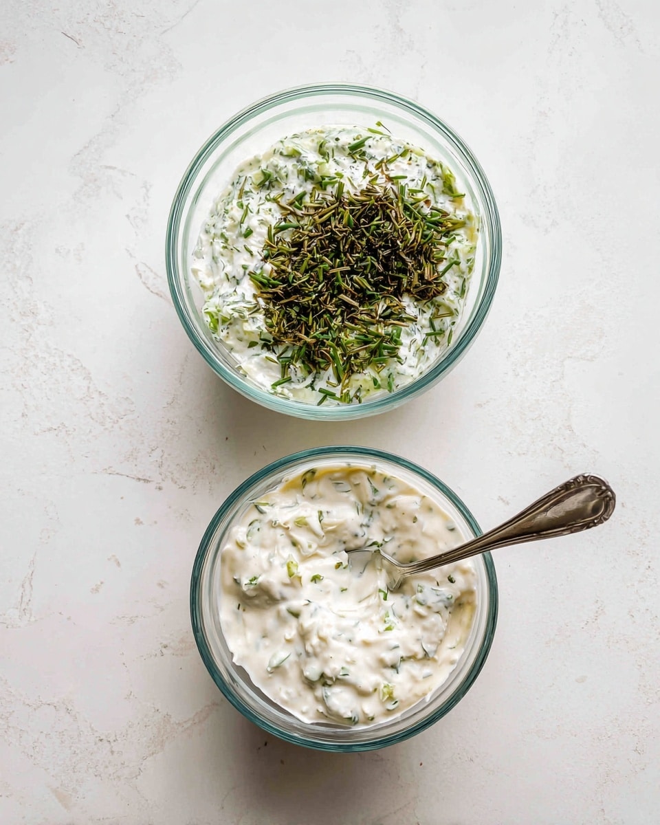 The image shows two clear glass bowls on a white marbled surface. The bowl on the left has different layers: green herbs at the bottom, white creamy thick topping on top, with finely chopped green and dark green herbs sprinkled over the white cream. The bowl on the right contains a mixed creamy white sauce with small green herb bits blending smoothly in, with a silver spoon placed inside the bowl on the right side. photo taken with an iphone --ar 4:5 --v 7