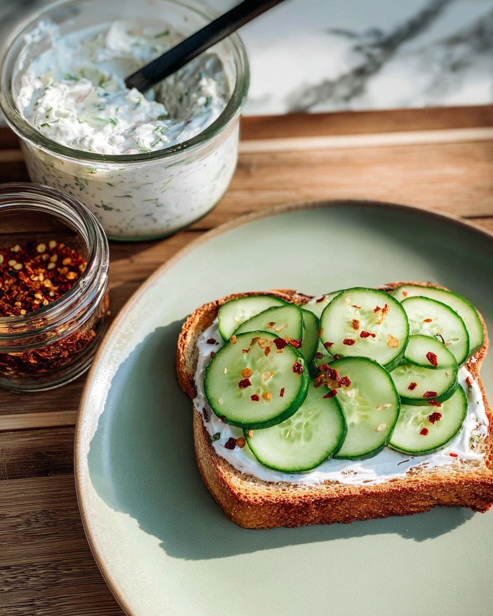 A single slice of toasted bread sits on a white plate with a light greenish tint. The toast has a layer of white creamy spread topped with six thin cucumber slices arranged neatly, covering most of the surface. Small red chili flakes are sprinkled on top, adding a touch of red contrast. To the side, a clear glass bowl holds a white herbed cream spread with visible bits of green herbs, and a black spoon is resting in it. Next to the bowl is a glass jar filled with red chili flakes. The setting is on a wooden surface with a white marbled texture background. The photo is taken with an iphone --ar 4:5 --v 7