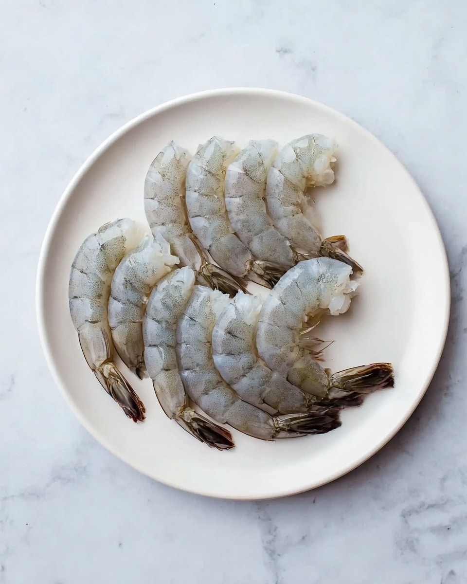 A white plate holds a layer of raw, peeled shrimp arranged side by side in a single row that slightly curves. The shrimp are grayish-white with darker gray lines and tails still attached. The plate is set on a white marbled surface, creating a clean and simple scene. photo taken with an iphone --ar 4:5 --v 7