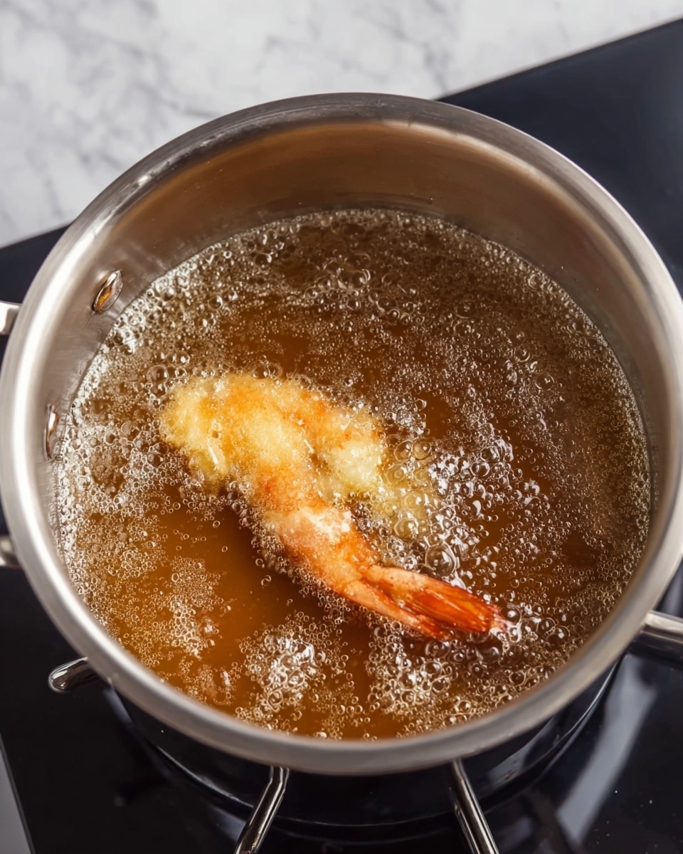 A shiny silver pot filled halfway with light brown bubbling oil is shown with a single golden shrimp inside the oil near the surface. The shrimp has an orange tail and a light golden body partially coated in a crispy batter. The pot is placed on a black stove with a white marbled surface below. The bubbles around the shrimp show it is frying quickly. Photo taken with an iphone --ar 4:5 --v 7