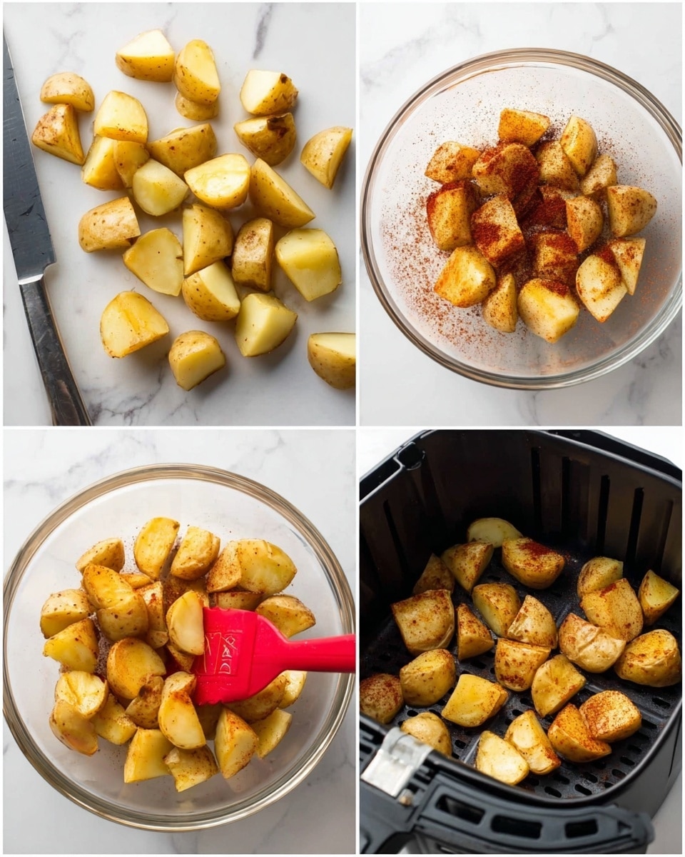 The image set shows four steps of preparing seasoned potatoes. The first image displays many small potato pieces with pale yellow flesh and light brown skin on a white marbled surface next to a silver knife with a black handle. The second image shows the potato pieces in a clear glass bowl on the same white marbled surface, sprinkled with various powders like red and black spices on top. The third image catches the potatoes inside the bowl being mixed by a red silicone spatula, with all the spices coating their surface, creating a warm golden-brown tone. The fourth image depicts the seasoned potato pieces placed neatly in a black air fryer basket, ready for cooking, their spices evenly spread over each piece. Photo taken with an iphone --ar 4:5 --v 7