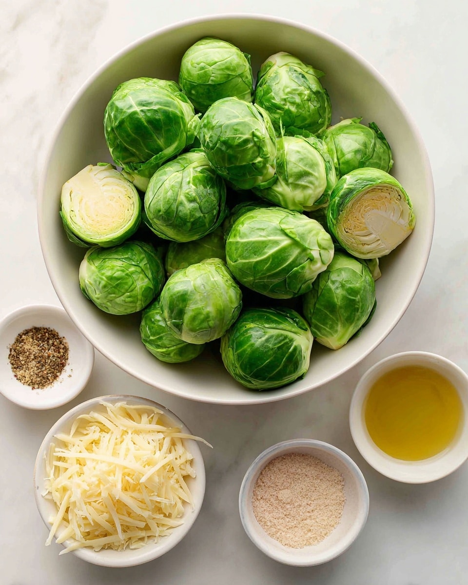 A white bowl full of fresh green Brussels sprouts, some whole and some cut in halves showing pale yellow inner leaves, is placed on a white marbled surface. Surrounding it are four smaller white bowls arranged in a loose circle: one with shredded light yellow Parmesan cheese, one with clear golden olive oil, one with a mix of light tan onion powder, pink salt, coarse black pepper, and another light powder, and one with fine light beige garlic powder. The ingredients are neatly displayed and spaced, with clear labels next to each bowl. The entire setup is bright and clean. photo taken with an iphone --ar 4:5 --v 7