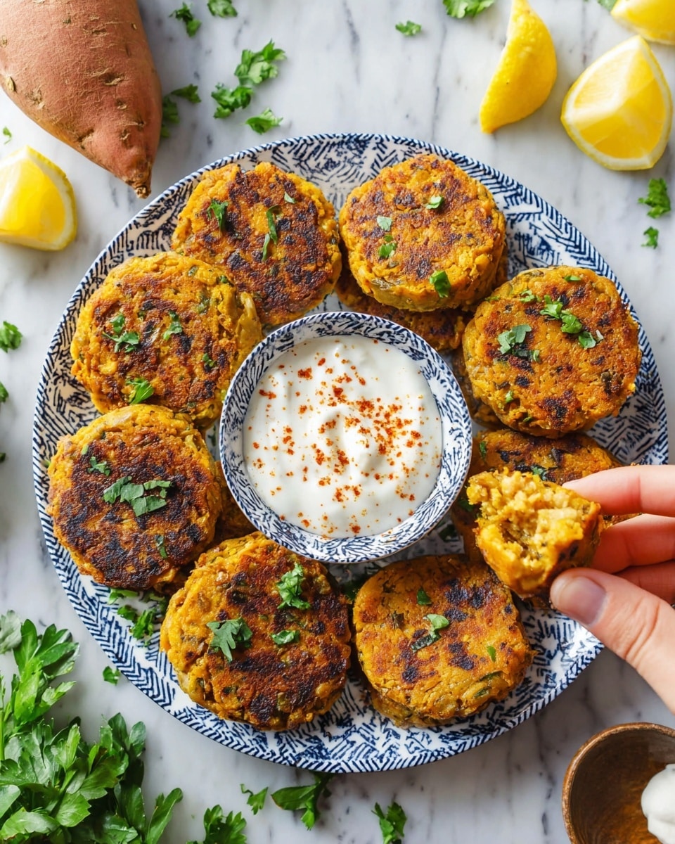 The dish shows a white round plate with a blue patterned rim, holding nine golden-brown patties arranged in a circle. Each patty is thick and textured, with a grilled surface showing dark brown spots and scattered green herbs on top. In the center of the plate is a small bowl filled with white creamy sauce, sprinkled lightly with a reddish spice. One patty has a dollop of the sauce on top, and a woman's hand is holding a half-eaten patty on the right side. Around the plate, there are lemon wedges on the white marbled surface along with fresh green parsley and a whole sweet potato. photo taken with an iphone --ar 4:5 --v 7