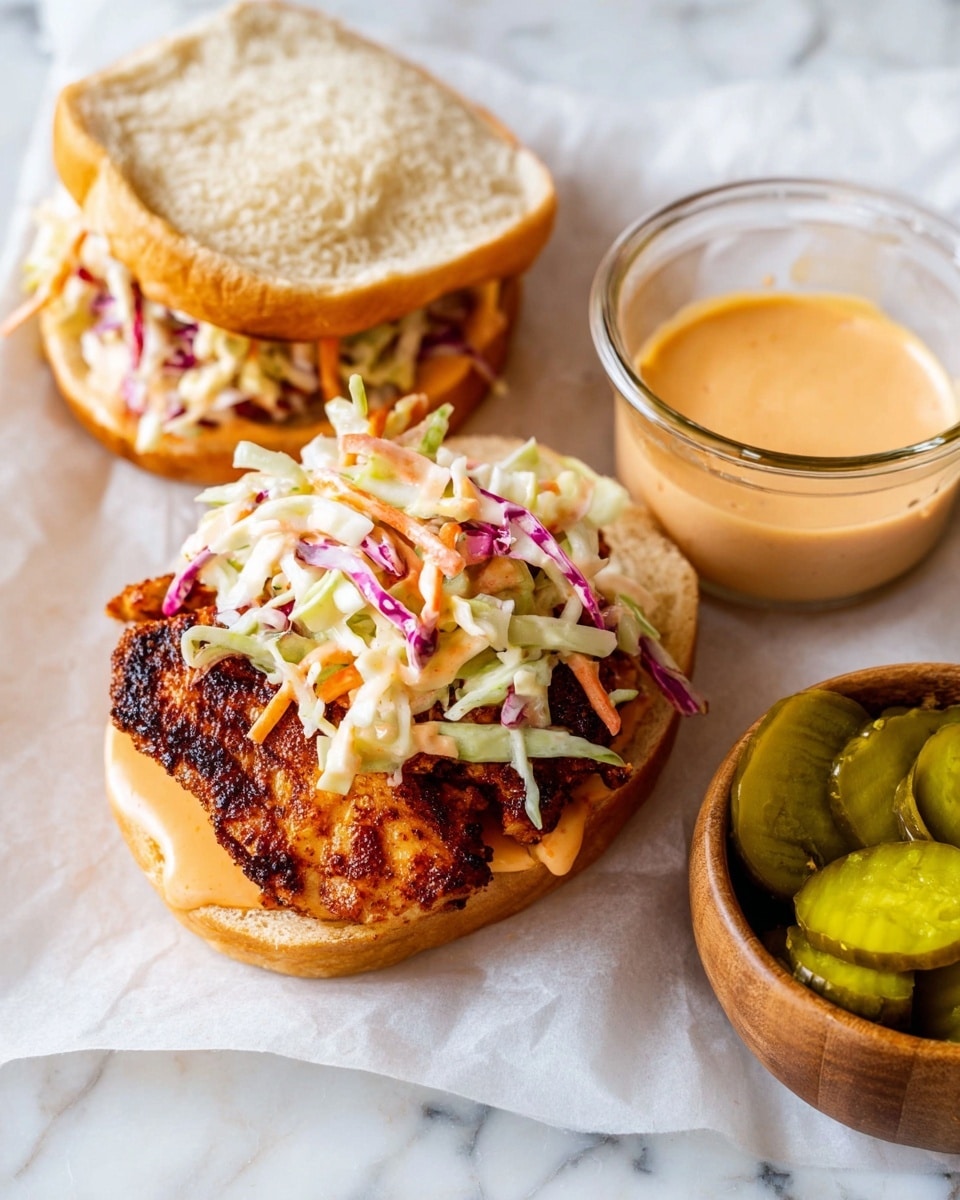 A sandwich with two white sandwich buns, each lightly toasted and placed open. The bottom bun has a spread of light orange sauce, a layer of shredded coleslaw with white, orange, and purple pieces, and a large piece of grilled chicken with a dark brown, crispy outside. The top bun has the same light orange sauce spread and another pile of colorful shredded coleslaw. Next to the sandwich is a clear glass bowl holding creamy light orange sauce with a smooth texture. To the side, there is a small wooden bowl filled with green, sliced pickles. Everything is set on white parchment paper on a white marbled surface. photo taken with an iphone --ar 4:5 --v 7