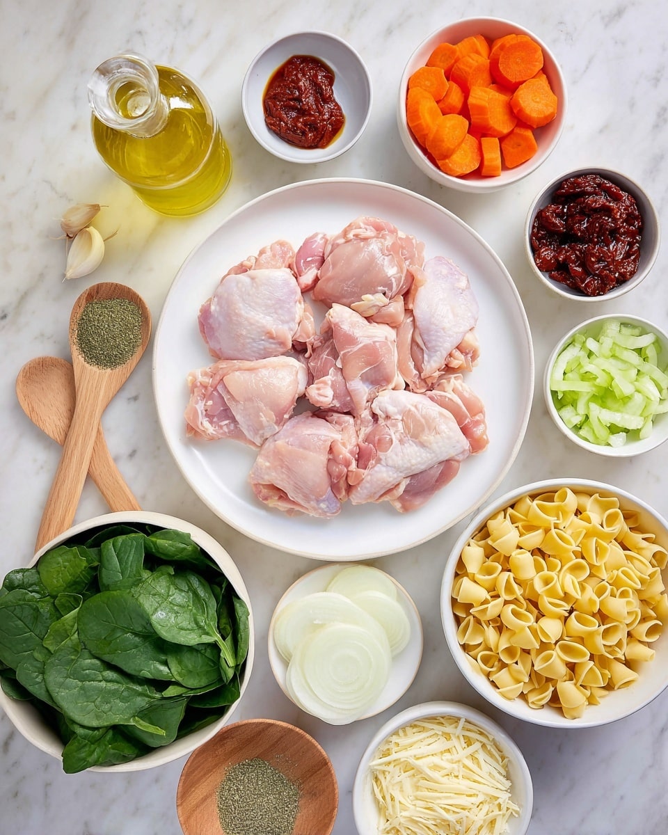On a white marbled surface, there is a round white plate in the center holding six pieces of raw pink chicken thighs arranged to slightly overlap. Above the chicken plate, a white bowl is filled with bright orange carrot slices. To the right of the carrots, two small white bowls contain dark sun-dried tomatoes and a thick red paste. Below them, another white bowl has shredded pale cheese, and next to it, a white bowl holds slices of white onion. On the lower right, a large white bowl is filled with uncooked yellow pasta shells. To the left of the pasta, a small white bowl contains diced light green celery. Above the celery, a large white bowl is full of fresh dark green spinach leaves. Near the bottom left corner, there is a clear glass bottle with yellow olive oil. Next to the chicken, there are two wooden spoons with green dried herbs and two peeled garlic cloves resting on a small wooden dish. A whole yellow onion sits near the upper center of the image. The whole setup is bright and clean. photo taken with an iphone --ar 4:5 --v 7