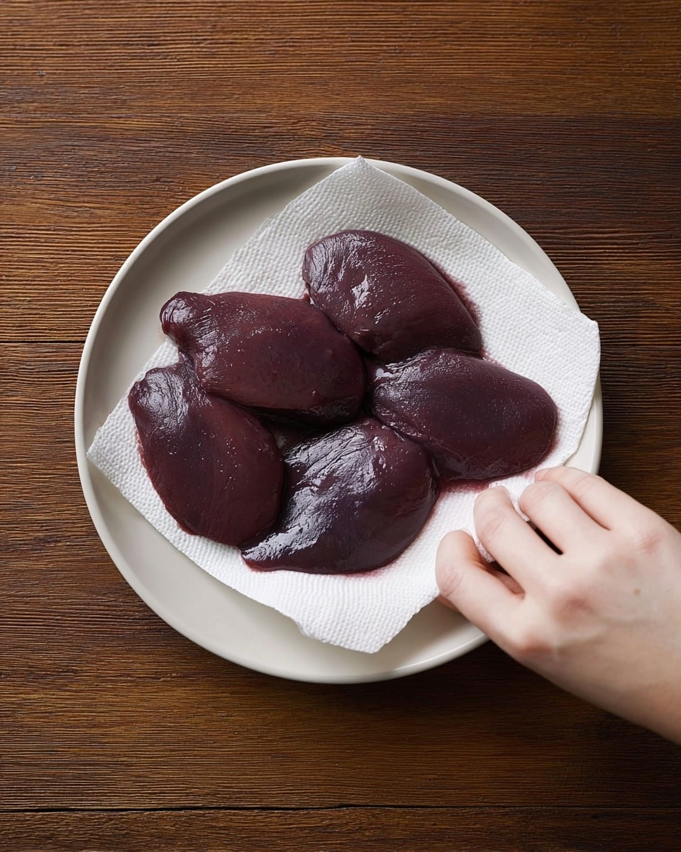 A white plate with a sheet of paper towel on it holds four smooth, dark purple pieces of raw meat, each having a wet, shiny texture. The pieces are oval and uneven in size, arranged close together near the center of the plate. A woman's hand is gently pressing another paper towel on the right side of the plate, helping to soak up moisture from the meat. The background and surface are wood with a warm brown color. photo taken with an iphone --ar 4:5 --v 7