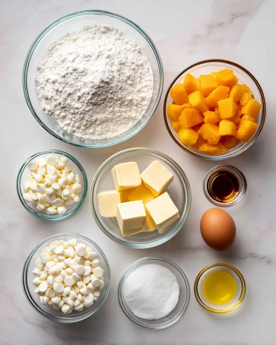 Nine clear glass bowls are placed on a white marbled surface, each containing different ingredients arranged neatly. The largest bowl in the top left is filled with white flour mixed with baking powder and salt, showing a fine powdery texture. To the right, a bowl holds chunky, bright orange peach pieces. Next to it on the right, there is a bowl filled with small, round white chocolate chips. Below, in the center left, a bowl is full of white granulated sugar, and next to it a bowl with solid yellow cubes of butter. Near the butter on the right, a single brown egg sits in a small round glass dish. On the far right, two smaller bowls contain a clear yellow liquid labeled lemon juice and a small amount of brown vanilla extract. Another small bowl of white cornstarch is near the top center. The setup is clean and organized for cooking, photo taken with an iphone --ar 4:5 --v 7