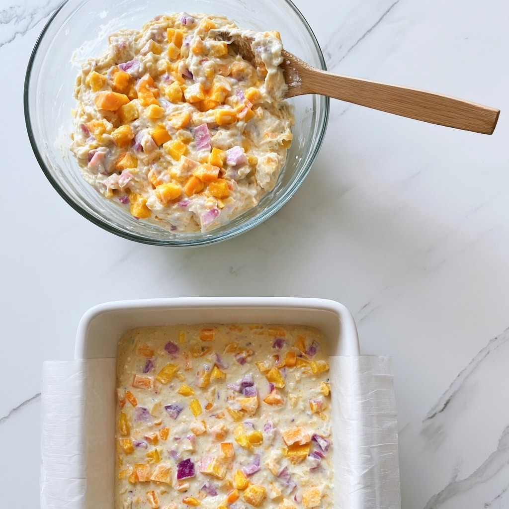A clear glass bowl holds a creamy, thick batter mixed with bright orange and light purple diced peaches scattered throughout; a wooden spatula rests inside the bowl sticking out on the right side, with the bowl placed on a white marbled surface. Below, a white ceramic square baking dish lined with parchment paper is filled with the same batter, showing a smooth surface dotted with the colorful peach pieces evenly spread inside. The setting is clean and bright on the white marbled surface. photo taken with an iphone --ar 4:5 --v 7
