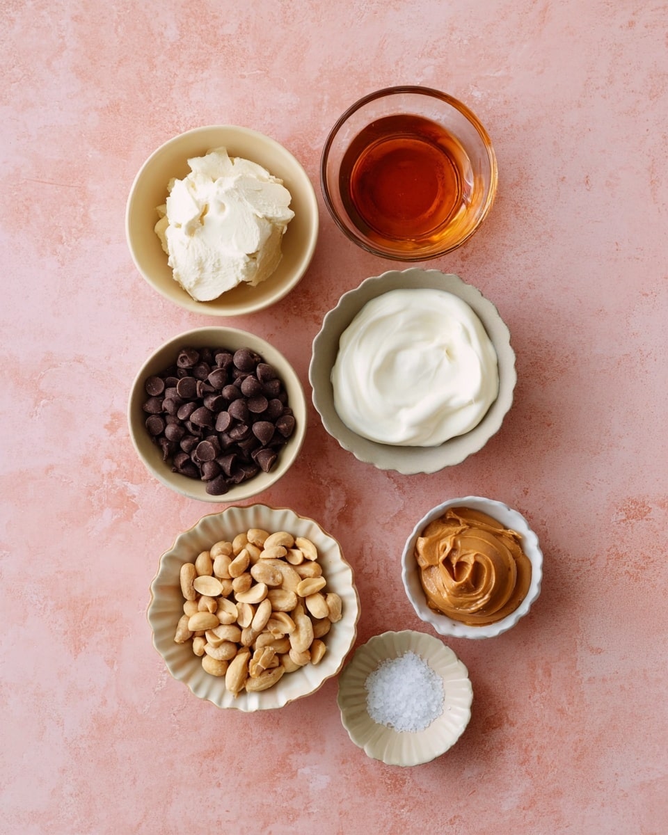 The image shows seven small bowls arranged on a soft pink textured surface. From the top going clockwise: a light beige bowl with a white solid creamy substance, a clear glass bowl with a deep amber liquid, a white bowl filled with thick white cream, a light beige bowl filled with dark brown chocolate chips, a scalloped light beige bowl with light brown peanuts, a small white bowl with smooth peanut butter, and a small light beige bowl with white flakes like salt. photo taken with an iphone --ar 4:5 --v 7