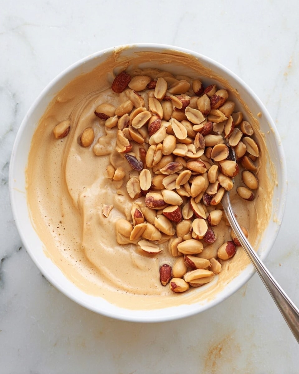 A white bowl filled with a creamy, light tan mixture that has a smooth and thick texture, topped with a generous layer of whole roasted peanuts, some with brown skins and some without, scattered unevenly on the surface. A metal spoon is partially submerged on the right side of the bowl, resting in the creamy mixture. The bowl sits on a white marbled surface. photo taken with an iphone --ar 4:5 --v 7