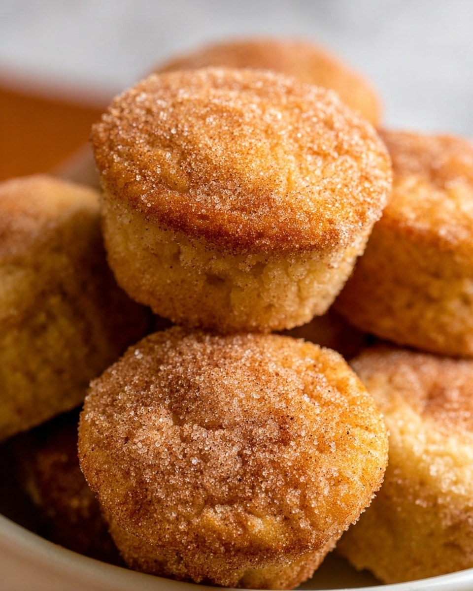 A close-up view of several round mini muffins with a rough, grainy texture covered in a light layer of cinnamon sugar. The muffins are golden brown with a slightly darker top, showing uneven surfaces high in sugar crystals. They are stacked together in a white bowl, and the background is a white marbled surface. The focus is on the top muffin with the others softly blurred behind. photo taken with an iphone --ar 4:5 --v 7