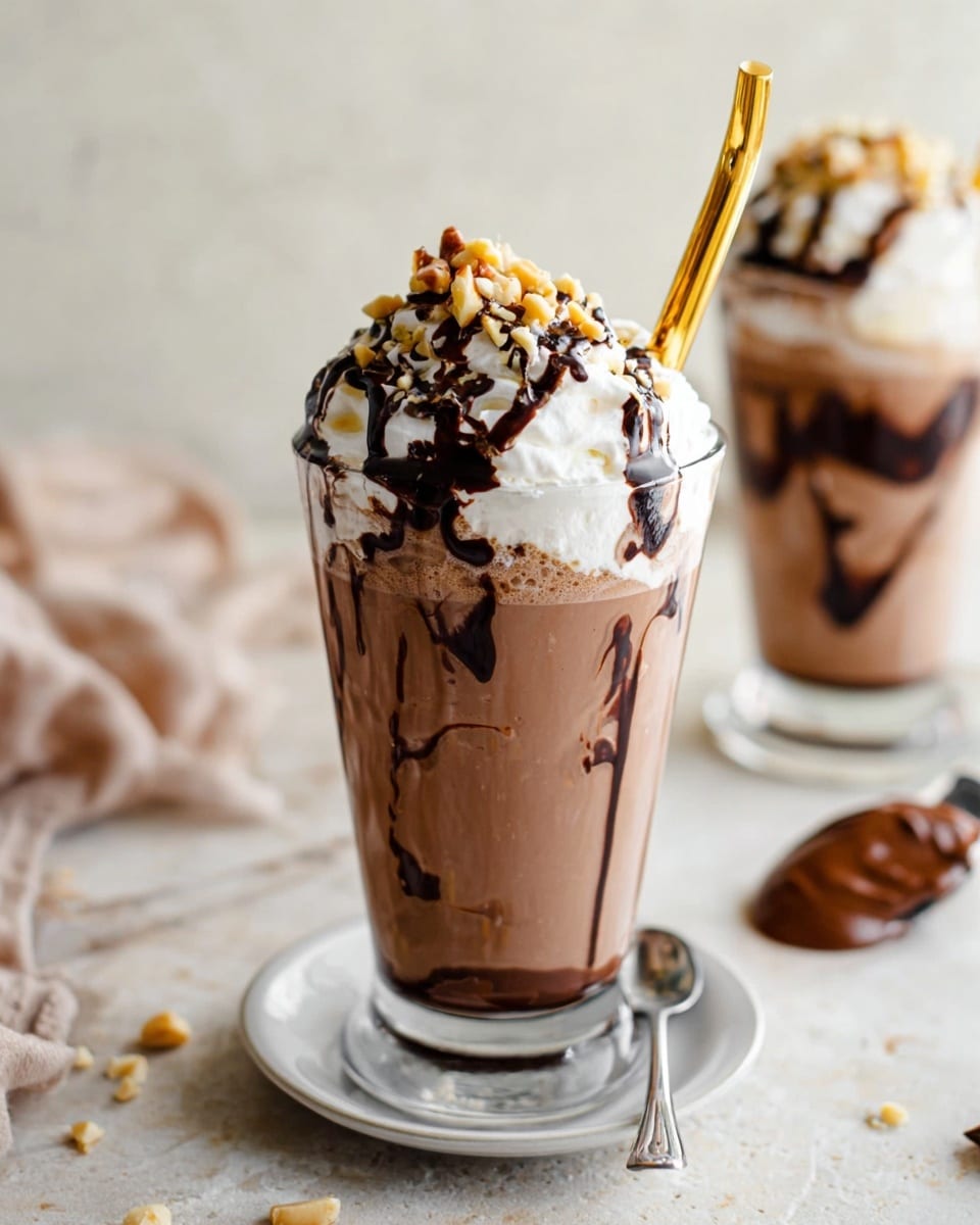 A tall clear glass filled with a light brown chocolate drink swirled inside with dark chocolate syrup, topped with a thick white whipped cream layer, drizzled with dark chocolate sauce and sprinkled with chopped nuts on top. A shiny golden straw sticks out from the whipped cream on one side. The glass sits on a small white plate with a silver spoon resting on the plate's rim. In the blurred background, there is another similar glass with the same drink and whipped cream, and a dollop of chocolate spread resting on a spatula placed on a white marbled surface. Photo taken with an iphone --ar 4:5 --v 7