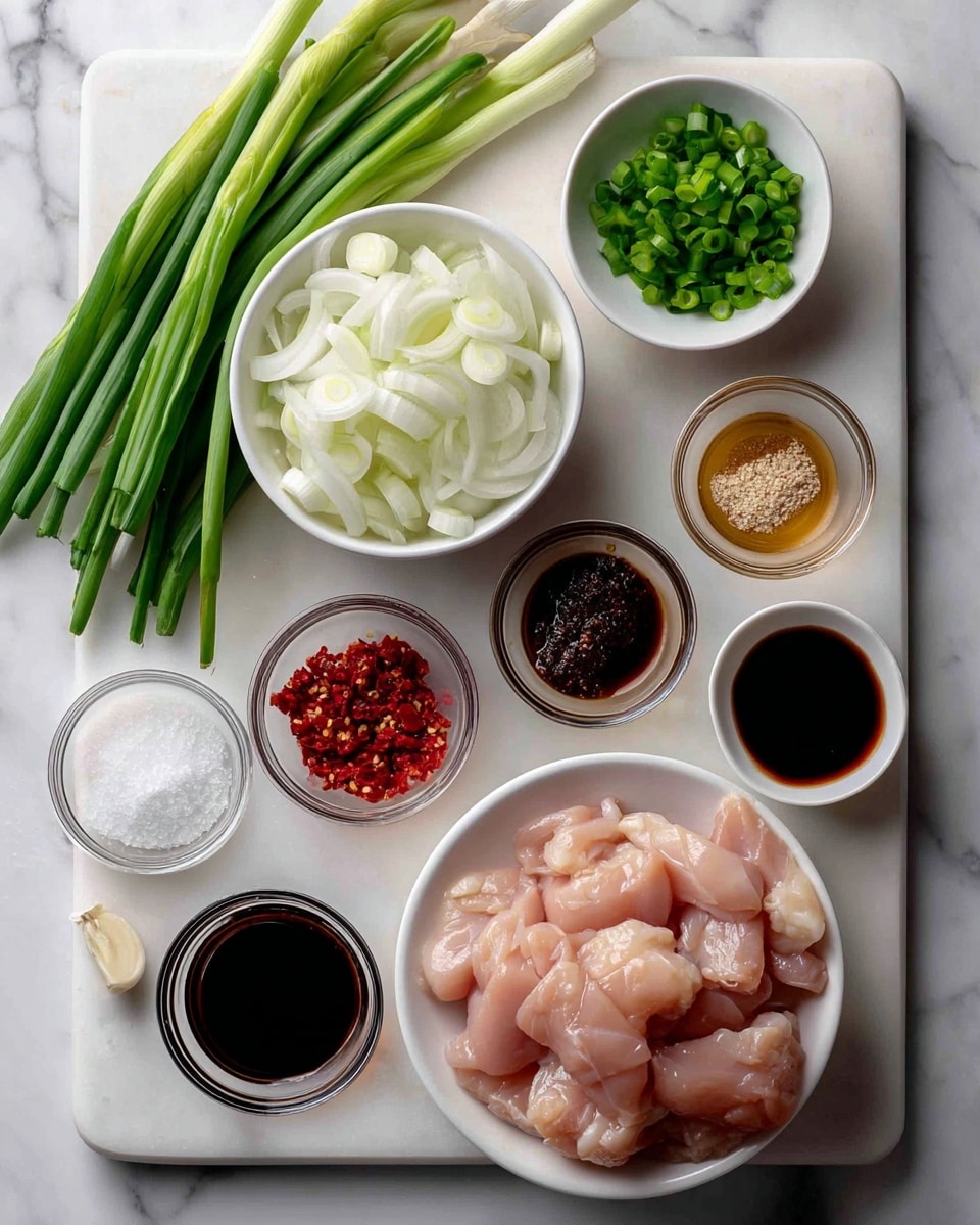 The image shows a white cutting board on a white marbled surface with several small bowls and ingredients neatly placed. At the top left, there are green onion stalks, some whole and some chopped, in different shades of green. Below them is a white bowl filled with sliced white onions. In the center bottom, a white bowl holds raw pink chicken slices. Scattered around are small clear bowls containing ingredients: finely chopped red chili, minced garlic, dark brown oyster sauce, dark soy sauce, light soy sauce, light brown fish sauce, and white granulated sugar. The overall colors are fresh greens, pale pink, white, red, and various shades of brown. Photo taken with an iphone --ar 4:5 --v 7