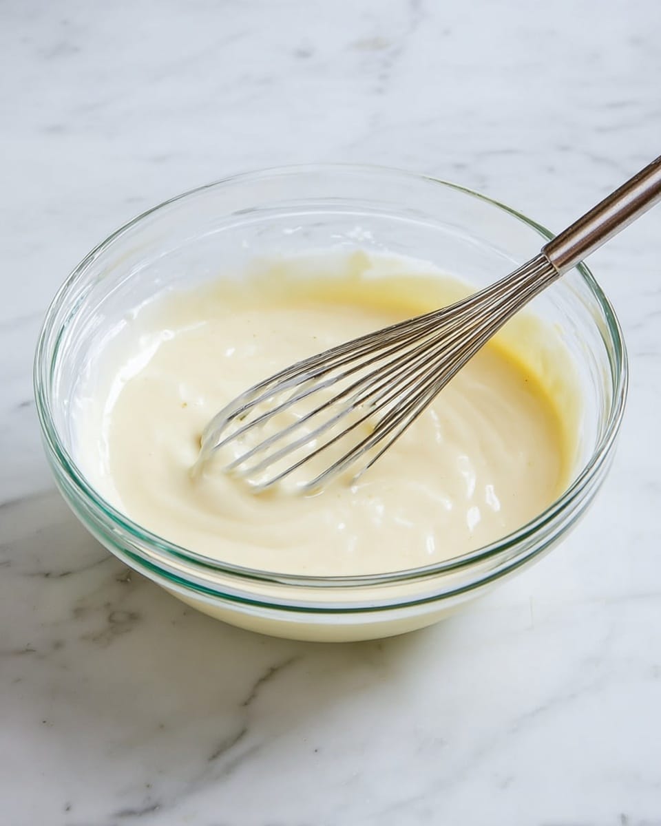 A clear glass bowl sits on a white marbled surface, filled with a smooth, pale yellow creamy mixture that has a glossy texture. Inside the bowl, there is a silver metal whisk with thin wires, partially submerged in the creamy mixture, which shows slight ripples from stirring. The overall scene is clean and bright, focusing on the creamy texture and the shiny metal whisk. photo taken with an iphone --ar 4:5 --v 7