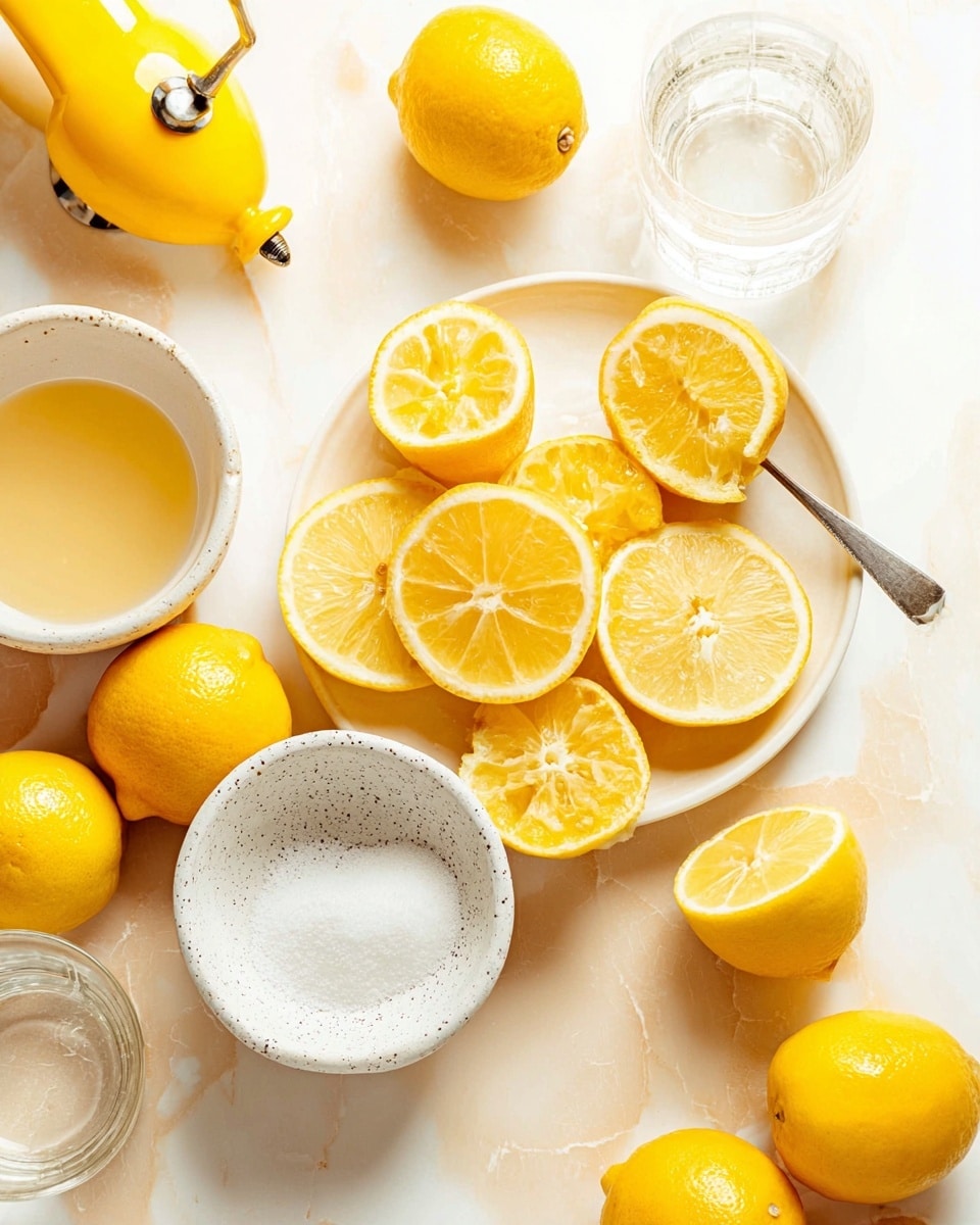 A white plate holds several bright yellow lemon halves, some whole and some squeezed, showing fresh juicy pulp. Around the plate are more lemon halves, two white speckled bowls – one filled with white granulated sugar with a spoon inside and the other with a pale yellow liquid, likely lemon juice. A yellow lemon squeezer sits at the top left on a white marbled surface with a clear glass of water nearby. The colors are vibrant and fresh with a soft natural light illuminating the setting photo taken with an iphone --ar 4:5 --v 7
