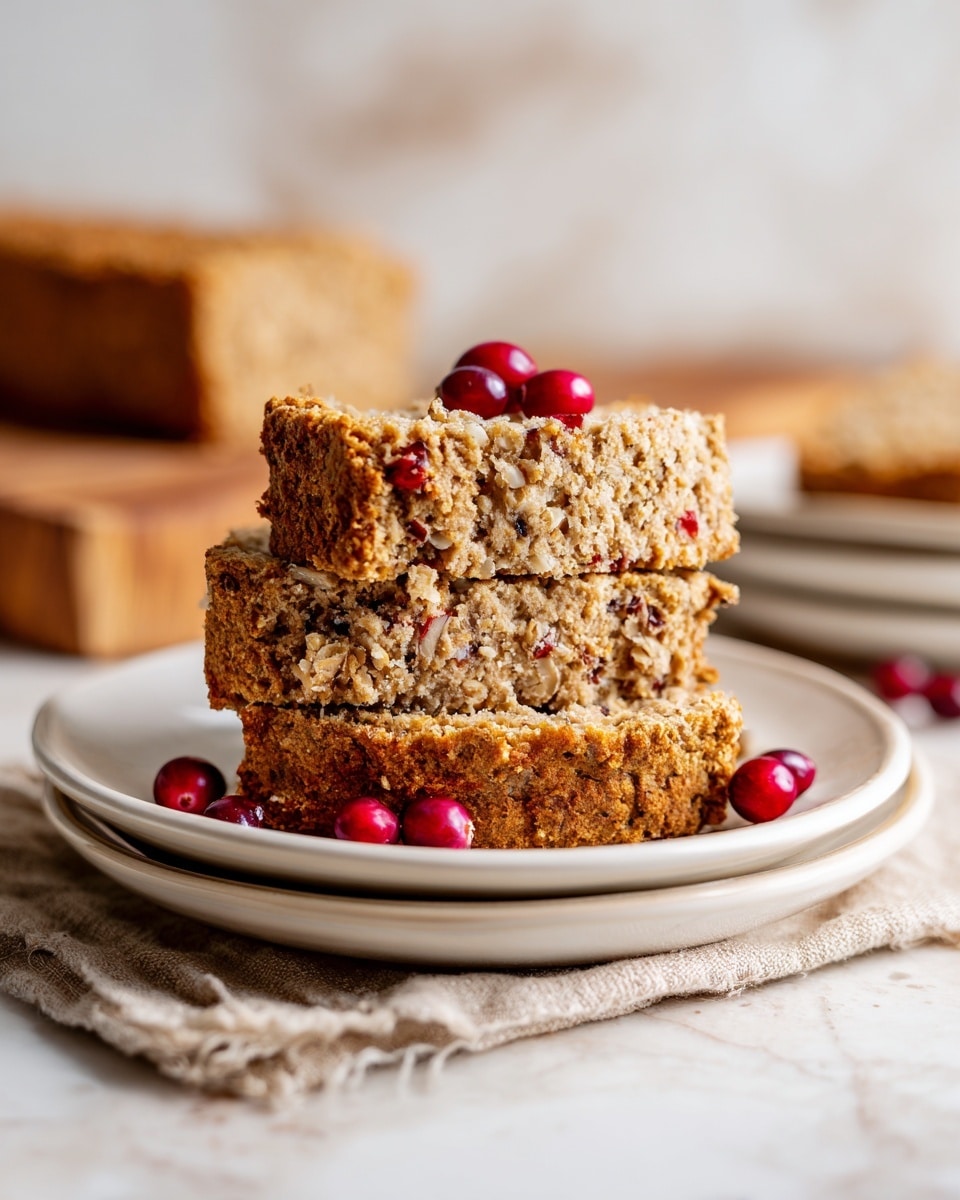 A slice of brown bread with a soft, moist texture and visible nuts or grains inside sits on a stack of three white plates. The bread has a golden-brown crust and a rough, porous interior. Three small red cranberries are placed in front of the bread on the top plate. The stack is set on a beige cloth, with a blurred wooden cutting board and more bread in the background, all placed on a white marbled surface. Photo taken with an iphone --ar 4:5 --v 7