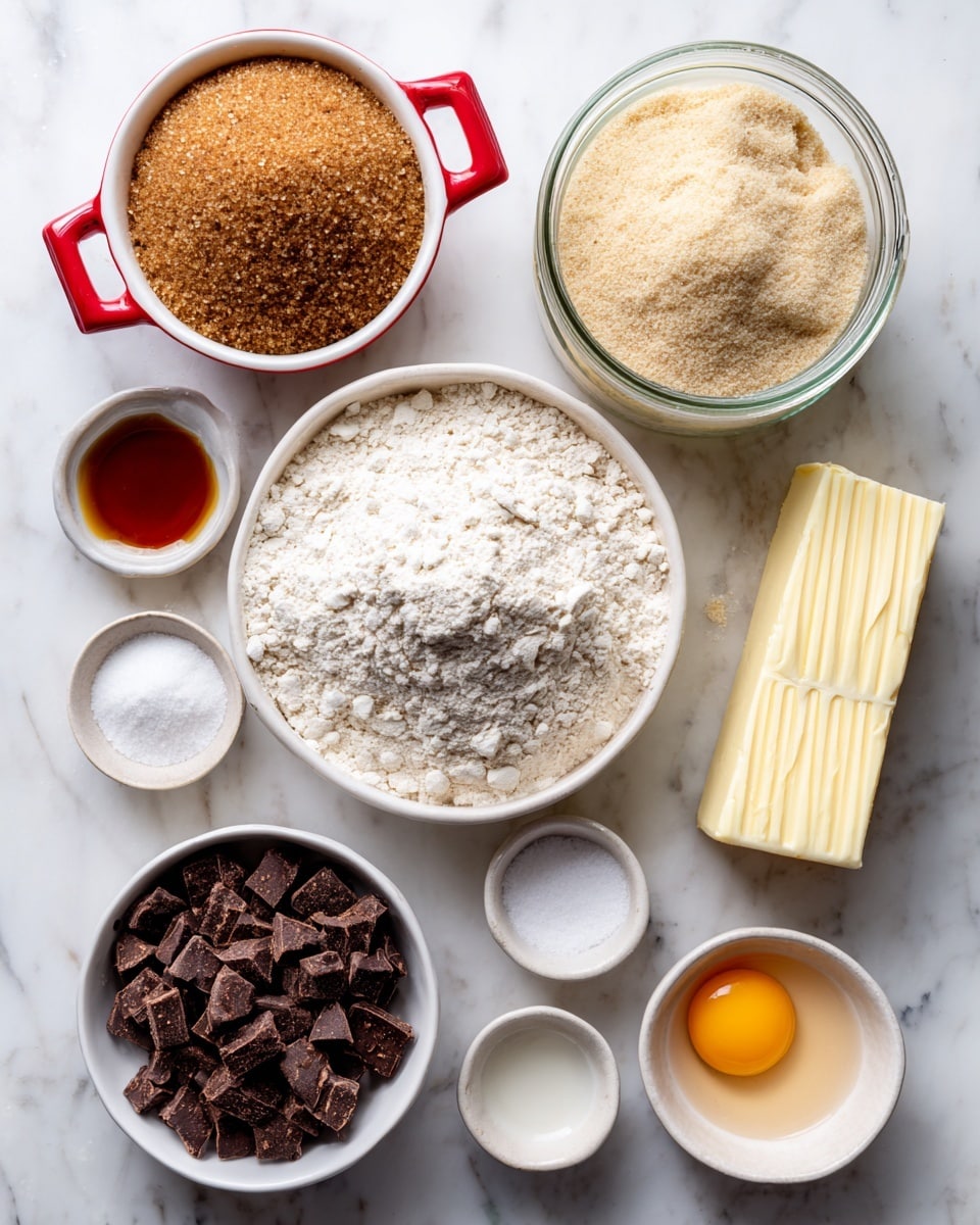 The image shows several ingredients arranged neatly on a white marbled surface. At the top left, there is a white bowl with two red handles filled with brown sugar. To its right, there is a clear glass jar filled with a light beige sourdough discard. Below the jar is a white bowl filled with pale all-purpose flour mixed with baking soda, baking powder, and salt. At the bottom left, there is a white bowl filled with dark chocolate chips or chunks. Next to it, on the right, lies a stick of unsalted butter with yellow packaging. Above the butter, a small white bowl contains vanilla extract, and next to it, a white bowl holds an egg yolk. Another small white bowl holds granulated sugar, positioned below the brown sugar bowl. The arrangement is clean, with each ingredient clearly visible and labeled in the image. Photo taken with an iphone --ar 4:5 --v 7