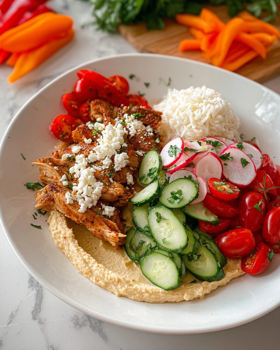 A white plate holds a layered dish starting with a smooth, beige hummus spread on the bottom left. On top of the hummus, there are slices of spiced, cooked chicken arranged in a row, covered lightly with crumbled white cheese. Next to the chicken, there is a small mound of fluffy white rice. Sliced light green cucumbers are placed in a neat row above the rice. Bright red slices of radish overlap the cucumbers, sprinkled with small green herb pieces. To the right side of the plate, thin strips of orange bell pepper and halved red cherry tomatoes fill the space, also garnished lightly with green herbs. The plate sits on a white marbled surface with some fresh orange bell pepper sticks, halved cherry tomatoes, and green leafy herbs blurred in the background. photo taken with an iphone --ar 4:5 --v 7